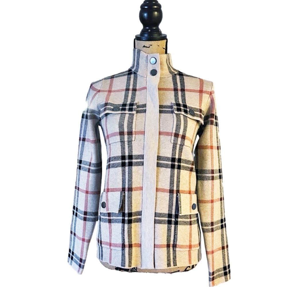 Joie Cream Plaid Button-Front Sweater Jacket with Black and Dusty Pink Accents